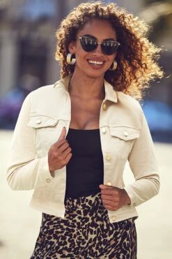 Ecru Denim Jacket With Gold Button Detail