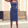 Mid Blue Button Front Denim Dress 2 Mid Blue Button Front Denim Dress -Sosandar Fashion Store web 2019 05 01 sosander seville shot 13 061 1