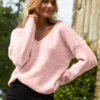 Blush Pink Cable Shoulder V Neck Jumper -Sosandar Fashion Store web 2020 08 31 aynhoe park sosandar49977 pink rt