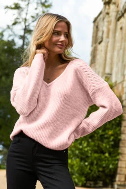 Blush Pink Cable Shoulder V Neck Jumper