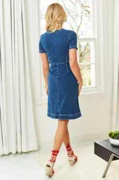 Indigo Blue Short Sleeve Round Neck Zip Front Denim Dress -Sosandar Fashion Store web 210302 sosandar hatfield 17 s21dd035in 06228
