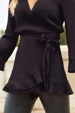 Black Ruffle Hem Fluted Cuff Top -Sosandar Fashion Store web 210910 sosandarday5paris62866 black rt