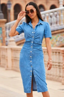 Mid Blue Ruched Waist Popper Front Denim Dress -Sosandar Fashion Store web 2303 079 s23dd024be0010 079 080