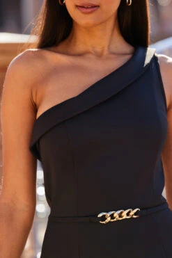 Black Premium One Shoulder Jersey Dress With Gold Chain Detail -Sosandar Fashion Store web 2303 18 s23dj042bk0001 18 181