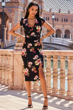 Black Floral Print Faux Wrap Midi Jersey Dress 11 Black Floral Print Faux Wrap Midi Jersey Dress -Sosandar Fashion Store web 2303 21 s23dj138bkfl01 21 0121