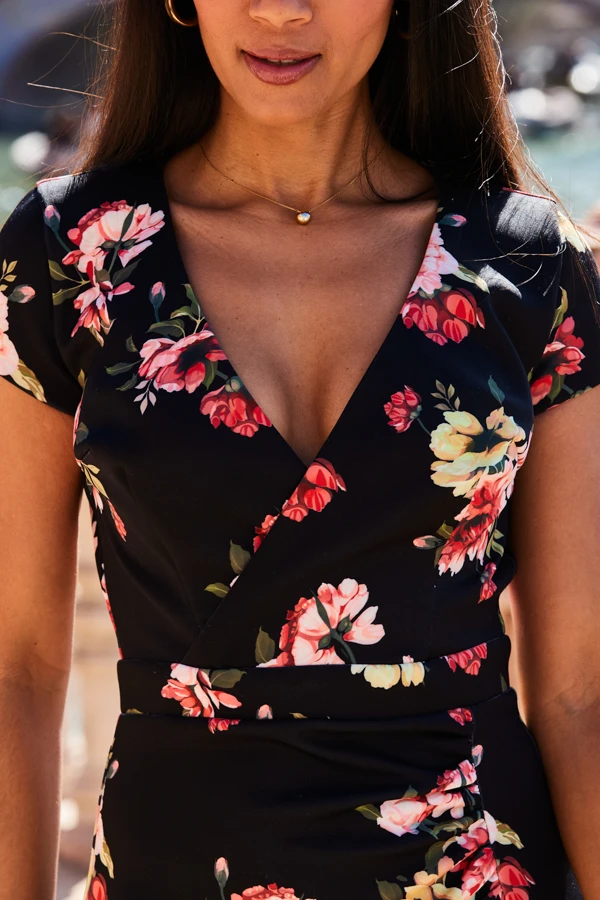 Black Floral Print Faux Wrap Midi Jersey Dress 8 Black Floral Print Faux Wrap Midi Jersey Dress - Image 6