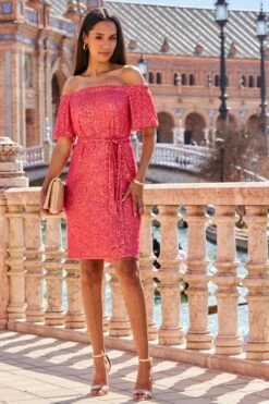 Coral Pink Sequin Bardot Belted Shift Dress -Sosandar Fashion Store web 2303 22 s23dw059rd0022 22 0001