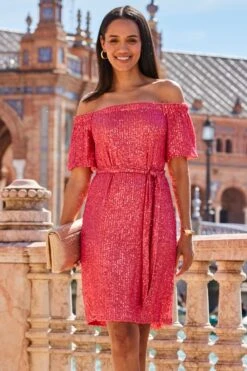 Coral Pink Sequin Bardot Belted Shift Dress