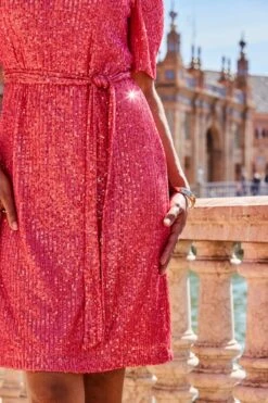 Coral Pink Sequin Bardot Belted Shift Dress -Sosandar Fashion Store web 2303 22 s23dw059rd0022 22 0239