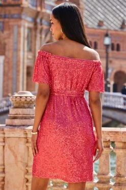 Coral Pink Sequin Bardot Belted Shift Dress -Sosandar Fashion Store web 2303 22 s23dw059rd0022 22 0300