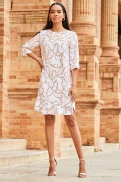 Ivory & Pink Chain Print Ruffle Hem Shift Dress