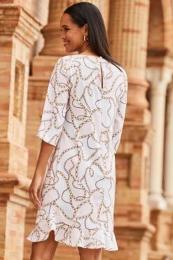 Ivory & Pink Chain Print Ruffle Hem Shift Dress -Sosandar Fashion Store web 2303 31 s22dw081picv02 31 546