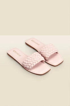 Lilou Pale Pink Woven Leather Square Toe Flat Sandals