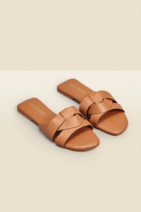 Amore Tan Leather Cross Strap Flat Mule Sandals 3 Amore Tan Leather Cross Strap Flat Mule Sandals