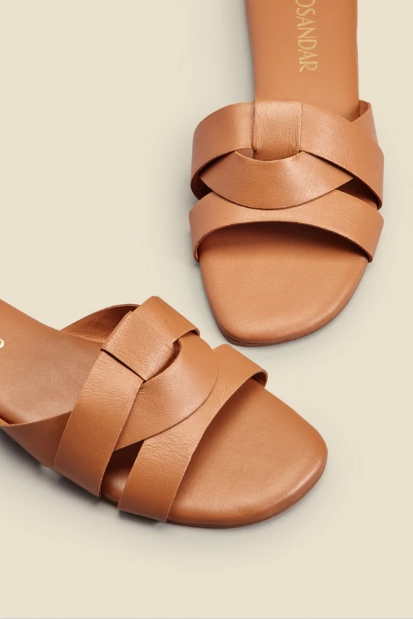 Amore Tan Leather Cross Strap Flat Mule Sandals 5 Amore Tan Leather Cross Strap Flat Mule Sandals - Image 3
