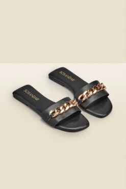 Paradiso Black Chain Detail Flat Leather Mule Sandals