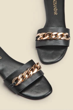 Paradiso Black Chain Detail Flat Leather Mule Sandals -Sosandar Fashion Store web 2303 box s23fw027bk0001 c copy