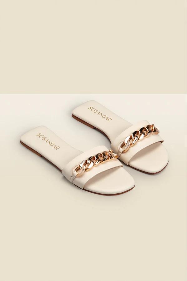 Paradiso Ecru Chain Detail Flat Leather Mule Sandals 3 Paradiso Ecru Chain Detail Flat Leather Mule Sandals