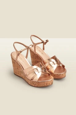 Leia Rose Gold Cross Vamp Leather Cork Wedge Sandal -Sosandar Fashion Store web 2303 box s23fw034rg0001 b