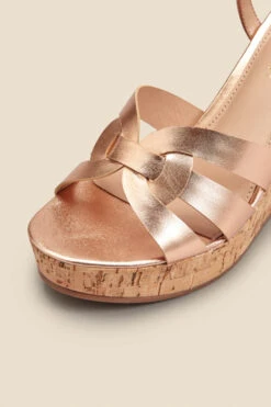 Leia Rose Gold Cross Vamp Leather Cork Wedge Sandal -Sosandar Fashion Store web 2303 box s23fw034rg0001 d