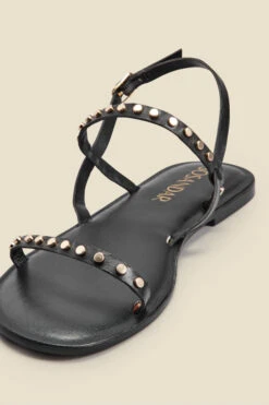 Senorita Black Leather Stud Detail Strappy Flat Sandals -Sosandar Fashion Store web 2303 boxs23fw023bk0001 c