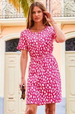 Pink Animal Print Tie Waist Shift Jersey Dress -Sosandar Fashion Store web 2304 133 s23dj143pimm01 133 146