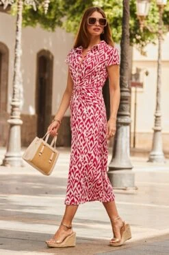 Pink Abstract Print Twist Detail Midi Jersey Dress