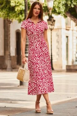 Pink Abstract Print Twist Detail Midi Jersey Dress -Sosandar Fashion Store web 2304 22 s23dj117pimm01 22 128 1