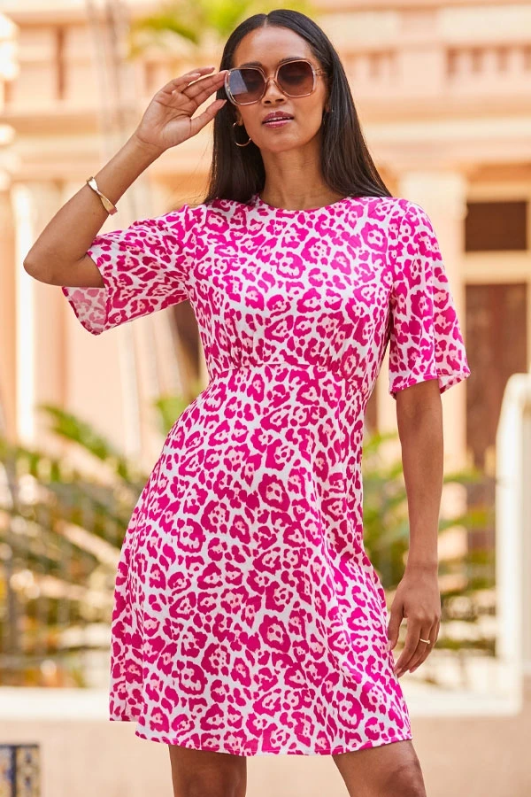 Pink Animal Print Fluted Sleeve Fit & Flare Dress 3 Pink Animal Print Fluted Sleeve Fit & Flare Dress