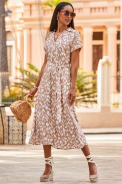 Taupe & White Abstract Print Belted Shirt Dress 12 Taupe & White Abstract Print Belted Shirt Dress -Sosandar Fashion Store web 2304 32 s22dw154nlmm01 32 079