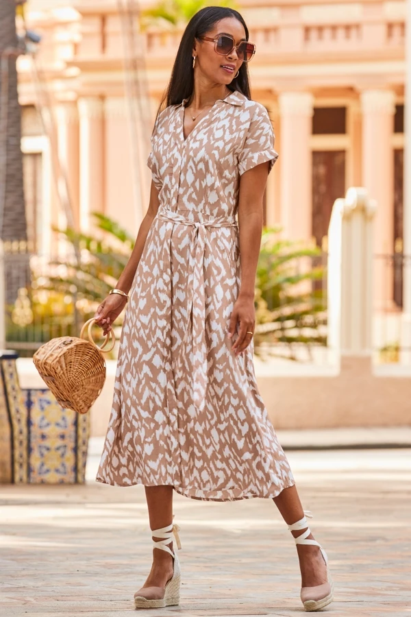 Taupe & White Abstract Print Belted Shirt Dress 7 Taupe & White Abstract Print Belted Shirt Dress - Image 5