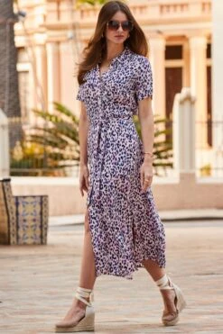Purple Animal Print Short Sleeve Midi Shirt Dress -Sosandar Fashion Store web 2304 45 s22dw096pean01 45 055