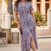 Purple Animal Print Short Sleeve Midi Shirt Dress