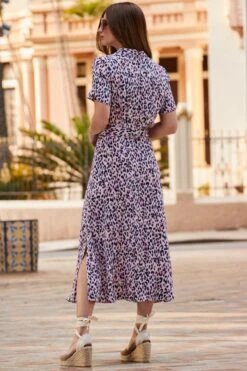 Purple Animal Print Short Sleeve Midi Shirt Dress -Sosandar Fashion Store web 2304 45 s22dw096pean01 45 291