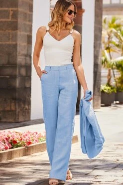 Pastel Blue Wide Leg Trousers With Pockets -Sosandar Fashion Store web 2304 57 s23bw019nl0003 s20ow006nl0003 s23tj110cm0001 57 389