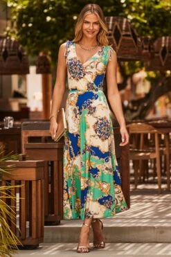 Green Multi Print Tie Shoulder Maxi Jersey Dress -Sosandar Fashion Store web 2305 10 s21dj164grcv02 10 022