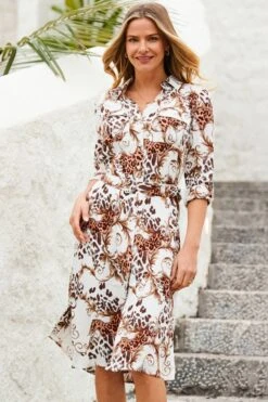 Ivory Multi Print Belted Shirt Dress