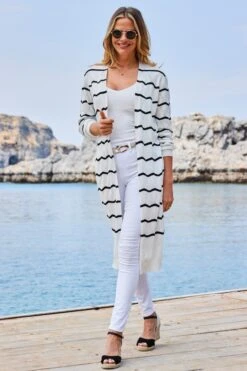Black & White Stripe Pointelle Stitch Longline Cardigan
