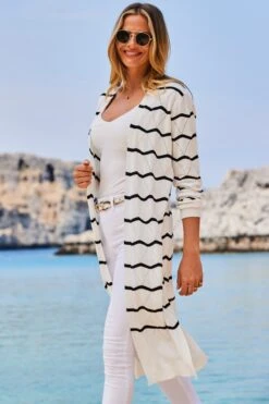 Black & White Stripe Pointelle Stitch Longline Cardigan -Sosandar Fashion Store web 2305 120 s23tk977bkwe01 120 093