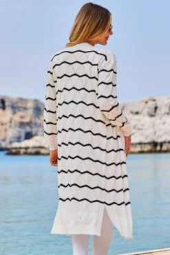 Black & White Stripe Pointelle Stitch Longline Cardigan -Sosandar Fashion Store web 2305 120 s23tk977bkwe01 120 127