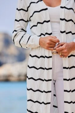 Black & White Stripe Pointelle Stitch Longline Cardigan -Sosandar Fashion Store web 2305 120 s23tk977bkwe01 120 137