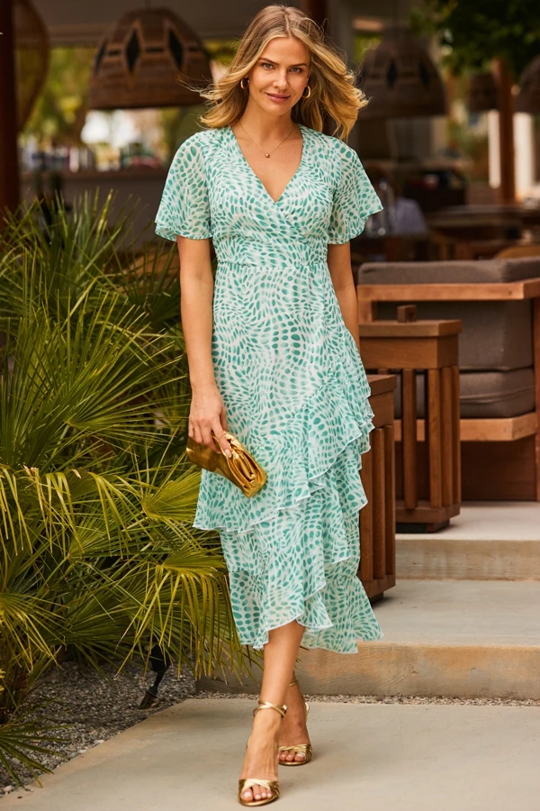 Green Abstract Print Layered Hem Angel Sleeve Maxi Dress 4 Green Abstract Print Layered Hem Angel Sleeve Maxi Dress - Image 2