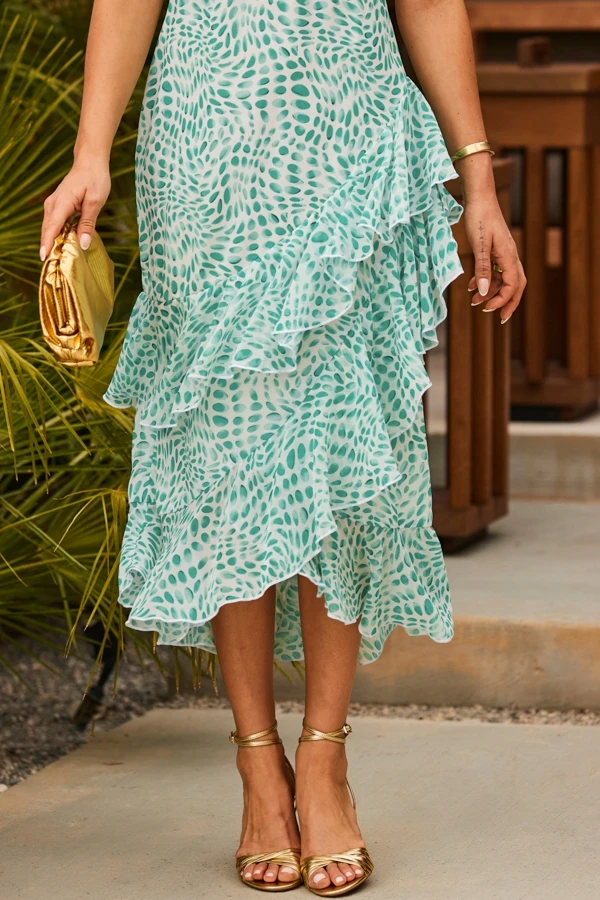 Green Abstract Print Layered Hem Angel Sleeve Maxi Dress 7 Green Abstract Print Layered Hem Angel Sleeve Maxi Dress - Image 5