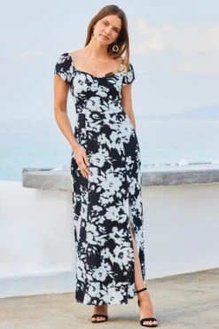 Black & White Floral Print Split Detail Maxi Dress