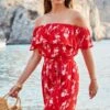 Red Floral Print Ruffle Detail Bardot Playsuit -Sosandar Fashion Store web 2305 99 s23jw029rdfl01 99 025