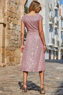 Pink Sequin Wrap Front Fit & Flare Dress -Sosandar Fashion Store web 2306 03 s23dw162pk0001 03 405