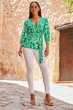 Green & White Morocco Print Wrap Jersey Top -Sosandar Fashion Store web 2306 115 s23tj158gran01 115 001 rt