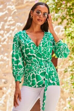 Green & White Morocco Print Wrap Jersey Top -Sosandar Fashion Store web 2306 115 s23tj158gran01 115 080 rt