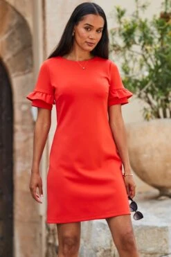 Red Ponte Ruffle Sleeve Shift Jersey Dress -Sosandar Fashion Store web 2306 120 s23dj209rd0001 120 107