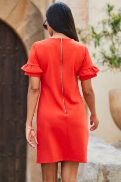 Red Ponte Ruffle Sleeve Shift Jersey Dress -Sosandar Fashion Store web 2306 120 s23dj209rd0001 120 183